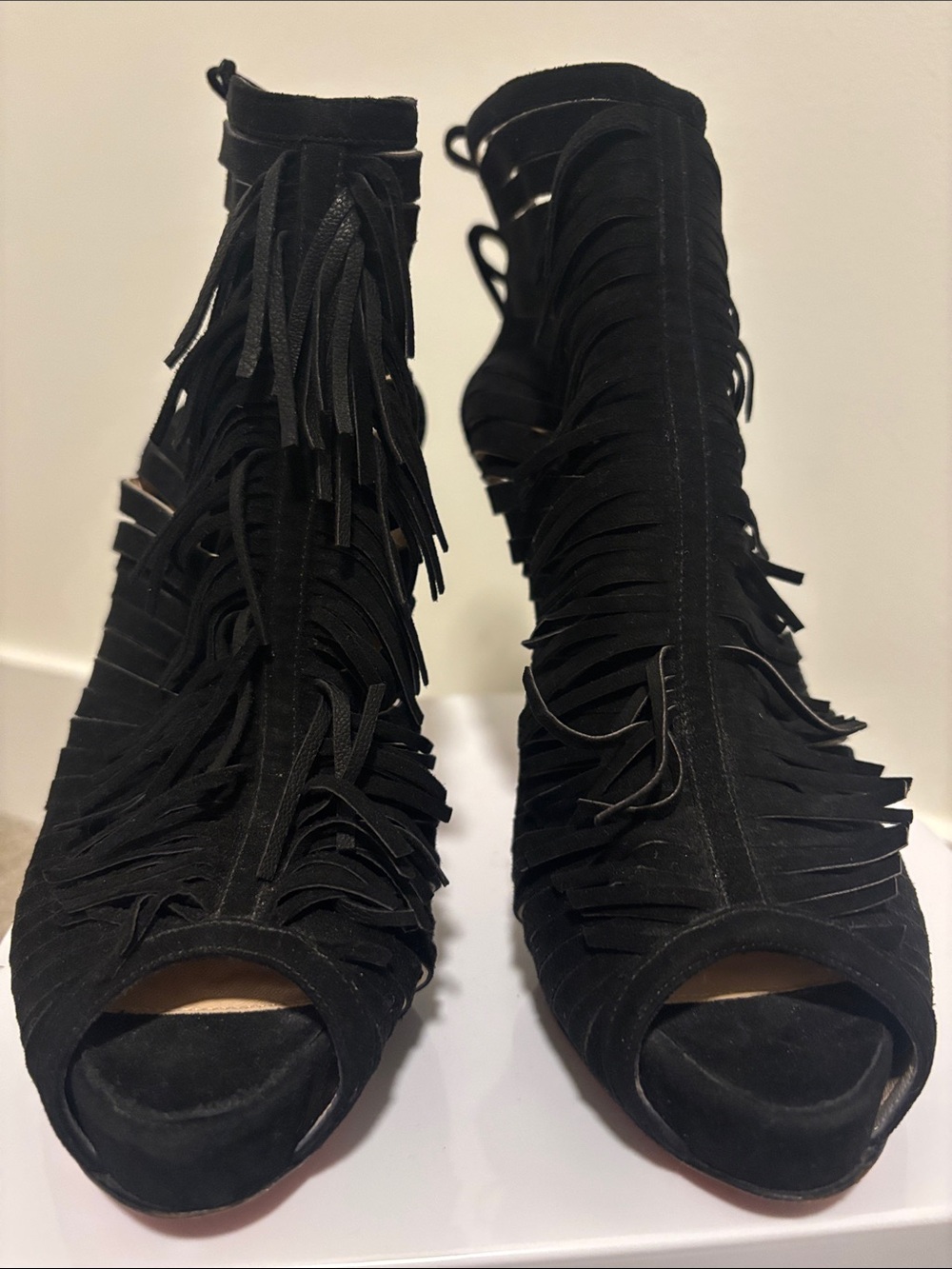 Christian Louboutin Black Suede Fringe Peep-Toe Stilettos - Picture 7 of 8